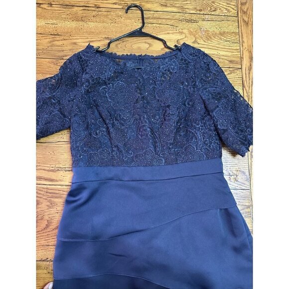 ADRIANNA Papell Blue Lace Dress Side Draped Ruched Sheer 3/4 Sleeve, Size 12 M5 - Picture 6 of 13